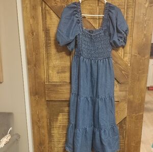 Women Blue Denim Puff Sleeve Smocked Maxi Dress